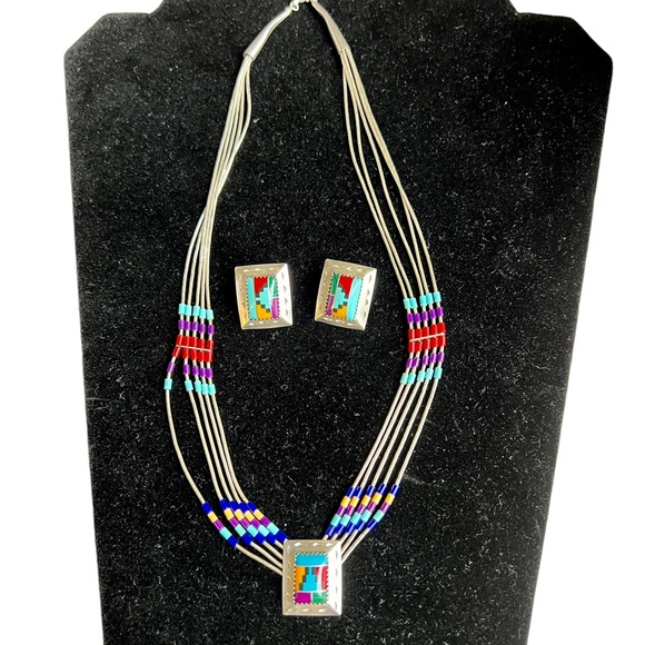Southwest Style Necklace Earring Set Liquid Silver Semi-Precious Inlay Stones - Picture 16 of 16